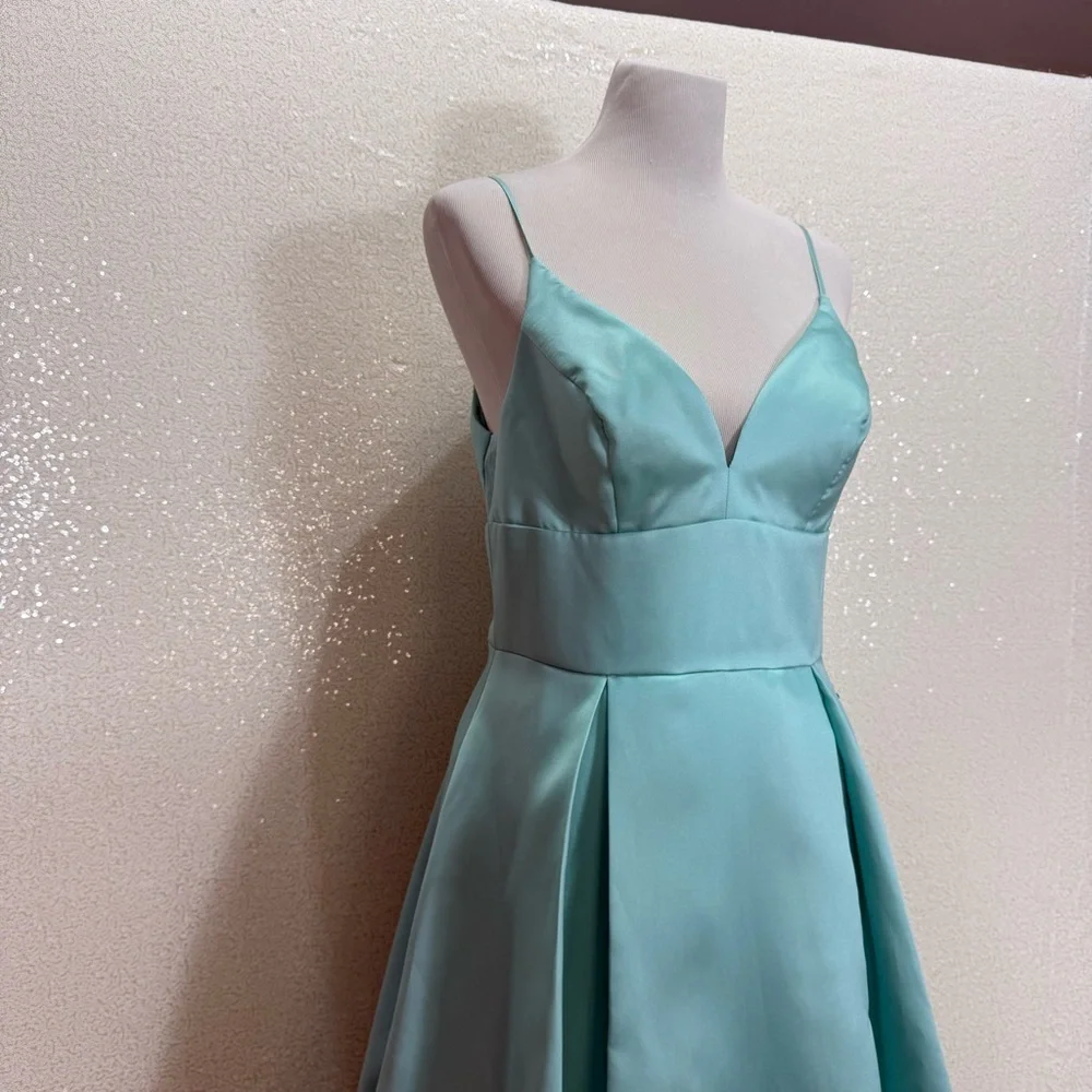 B. Darlin Aqua Teal Satin Maxi Gown Dress Size 11/12 Formal Prom
